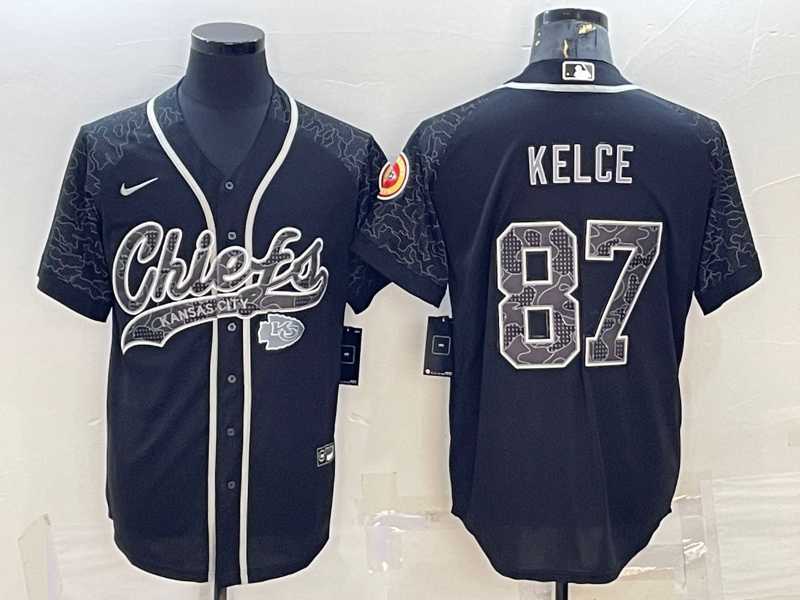 Men%27s Kansas City Chiefs #87 Travis Kelce Black Reflective With Patch Cool Base Stitched Baseball Jersey->kansas city chiefs->NFL Jersey